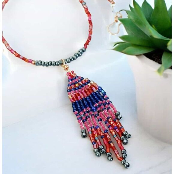 Boho Chic Beaded Fringe Cascade Choker Necklace, Artisan Statement 14.5" - Picture 1 of 7